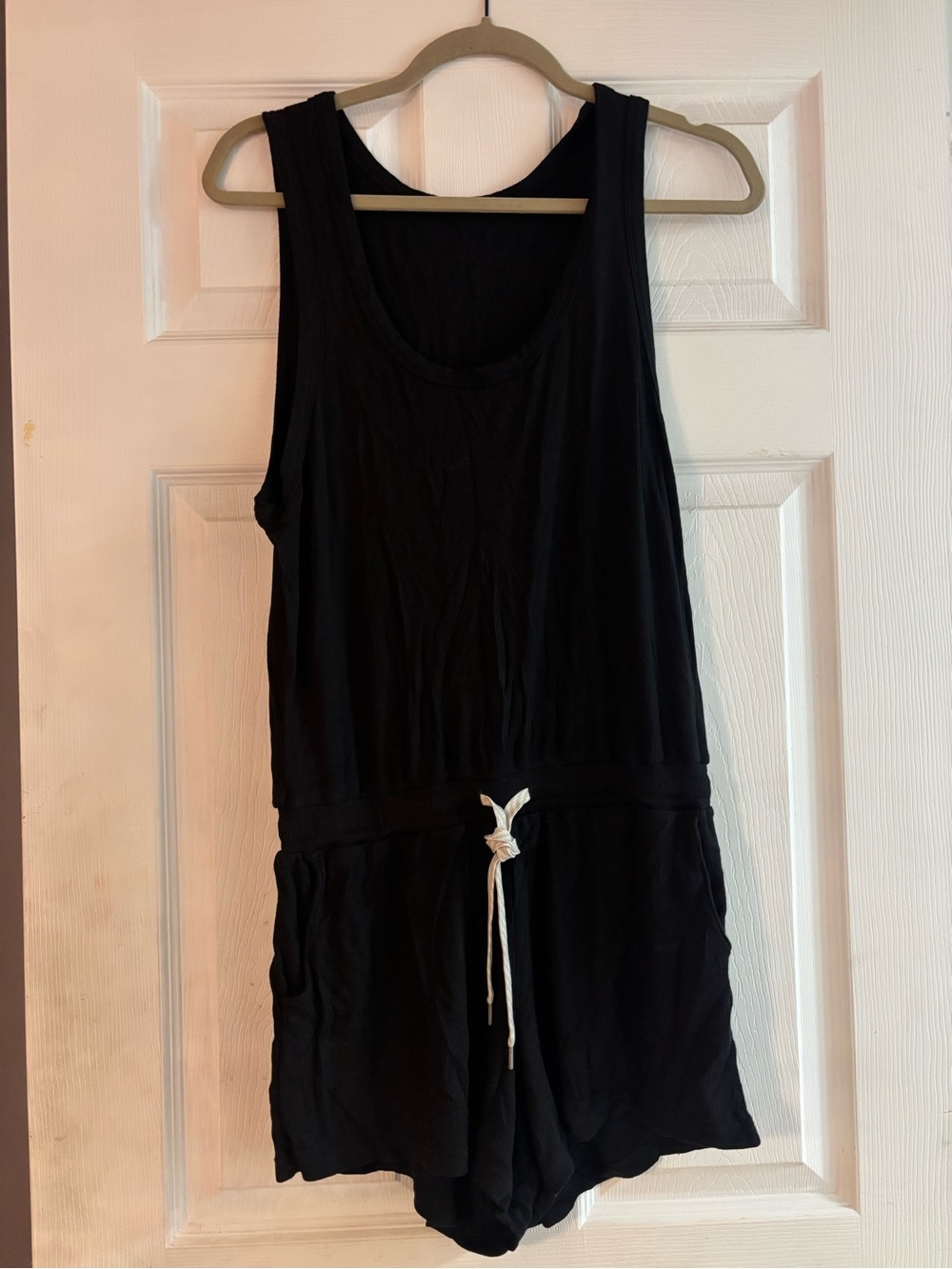 Vuori Black Sleeveless Kids One-Piece Romper with White Drawstring
